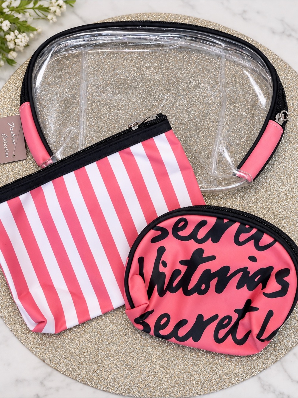 Victoria's Secret Pink Stripe & Script Cosmetic Pouch Set